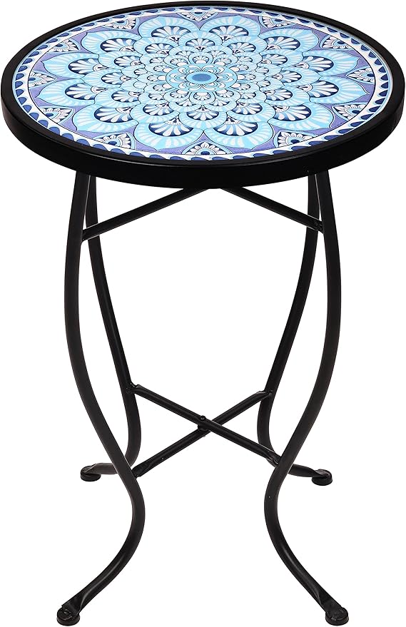 14 Inch Round Side Ceramic Tile Top Indoor and Outdoor Accent Table, Sun