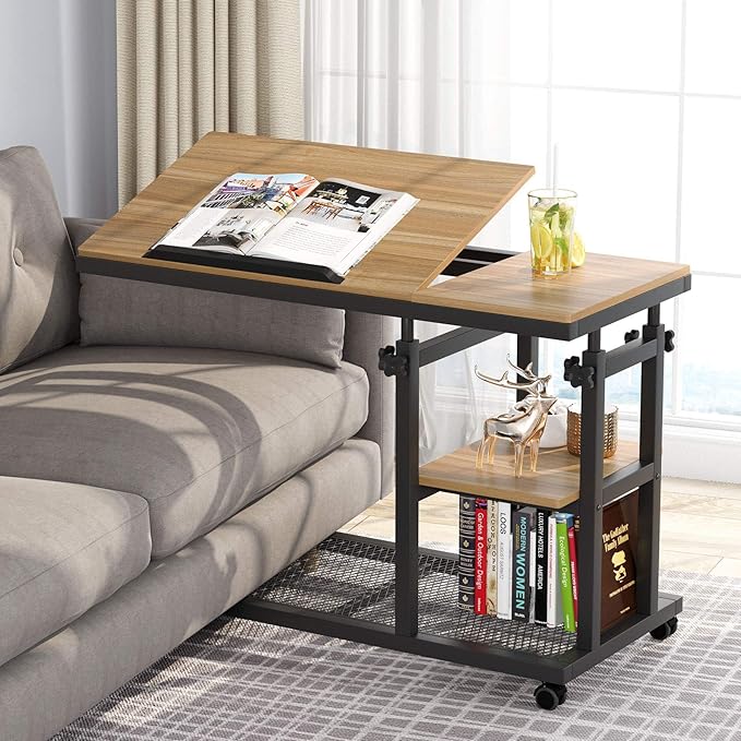 TribeLift Adjustable Rolling C-Shaped Snack Table with Tilt Top & Storage