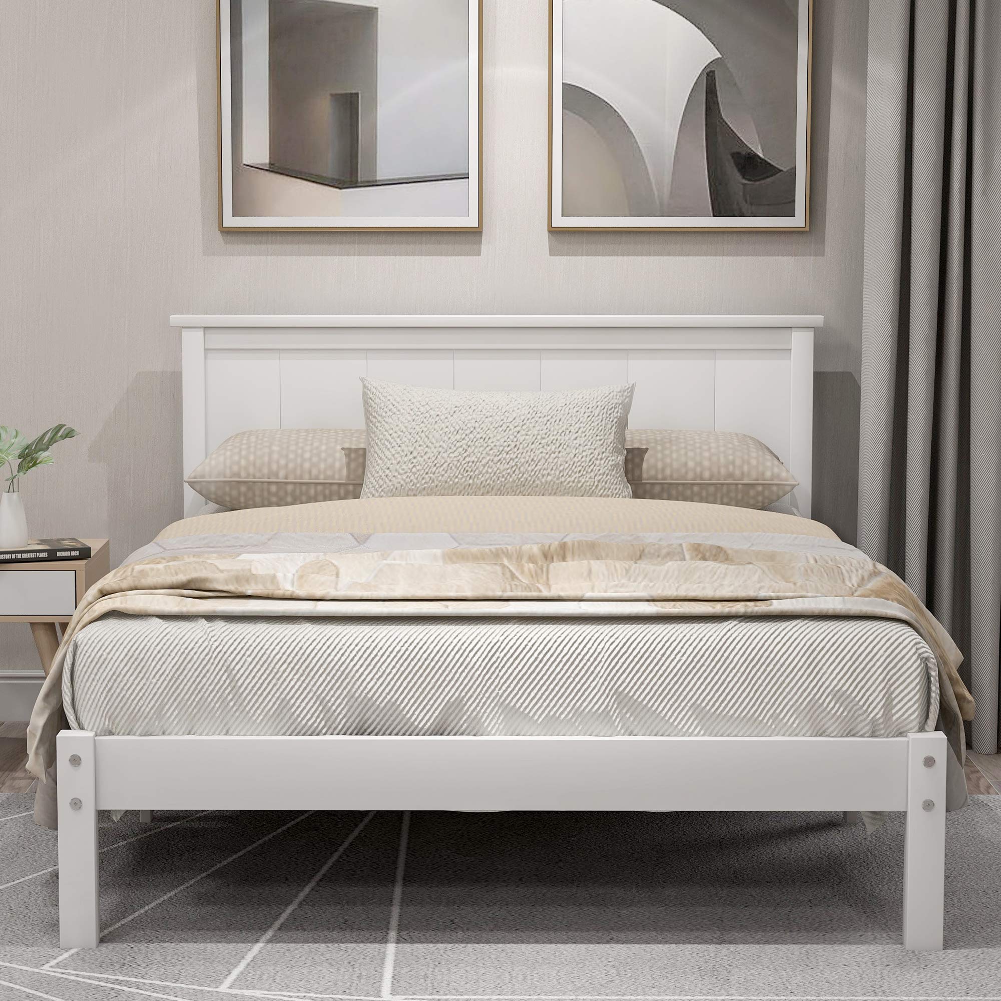 SOFTSEA Full Platform Bed Frame Wood Beds with Headboard, No Box Spring Needed/Wood Slat Support (Full, White)