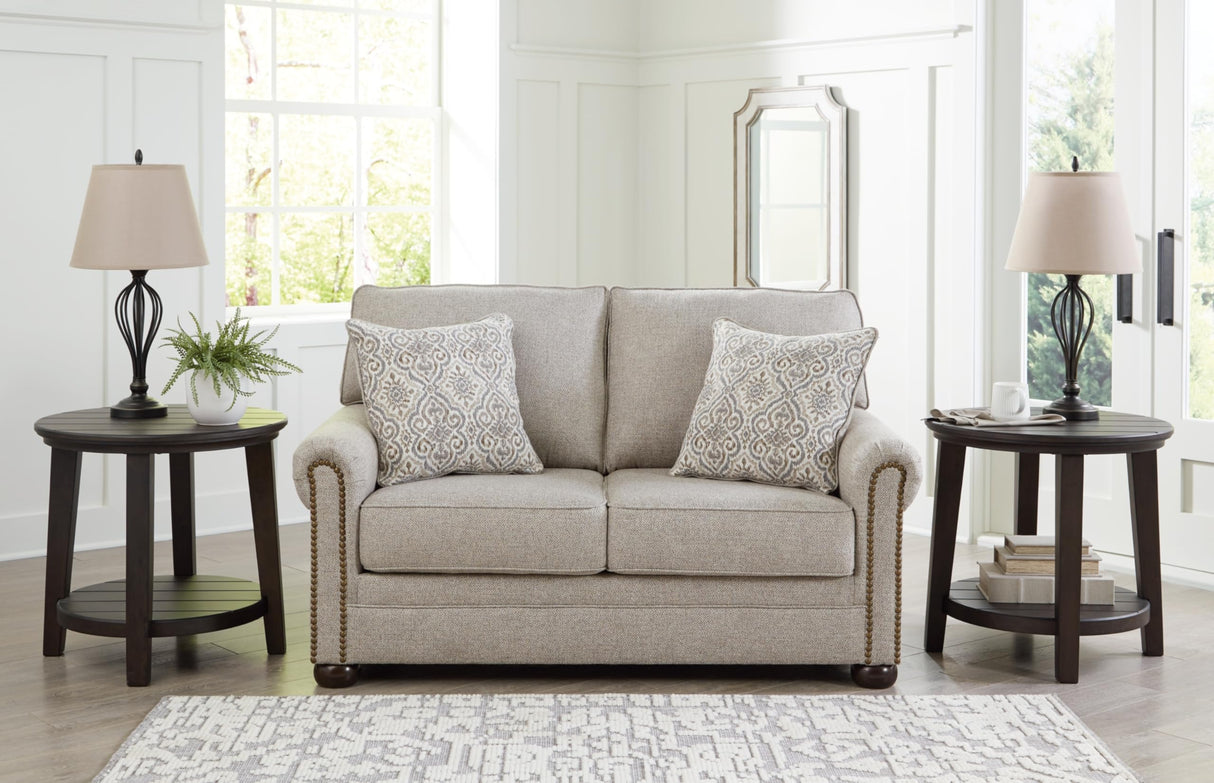 Gaelon Transitional Loveseat with Nailheads and 2 Accent Pillows, Beige