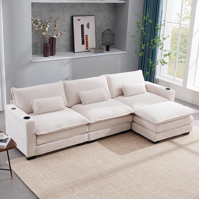 Corduroy Cloud Sectional Couch, Modern Comfy Modular L-Shaped Sectional