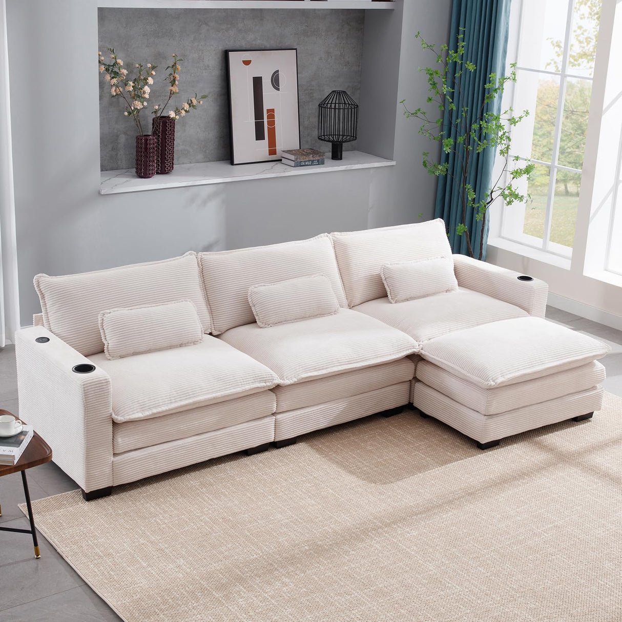 Corduroy Cloud Sectional Couch, Modern Comfy Modular L-Shaped Sectional