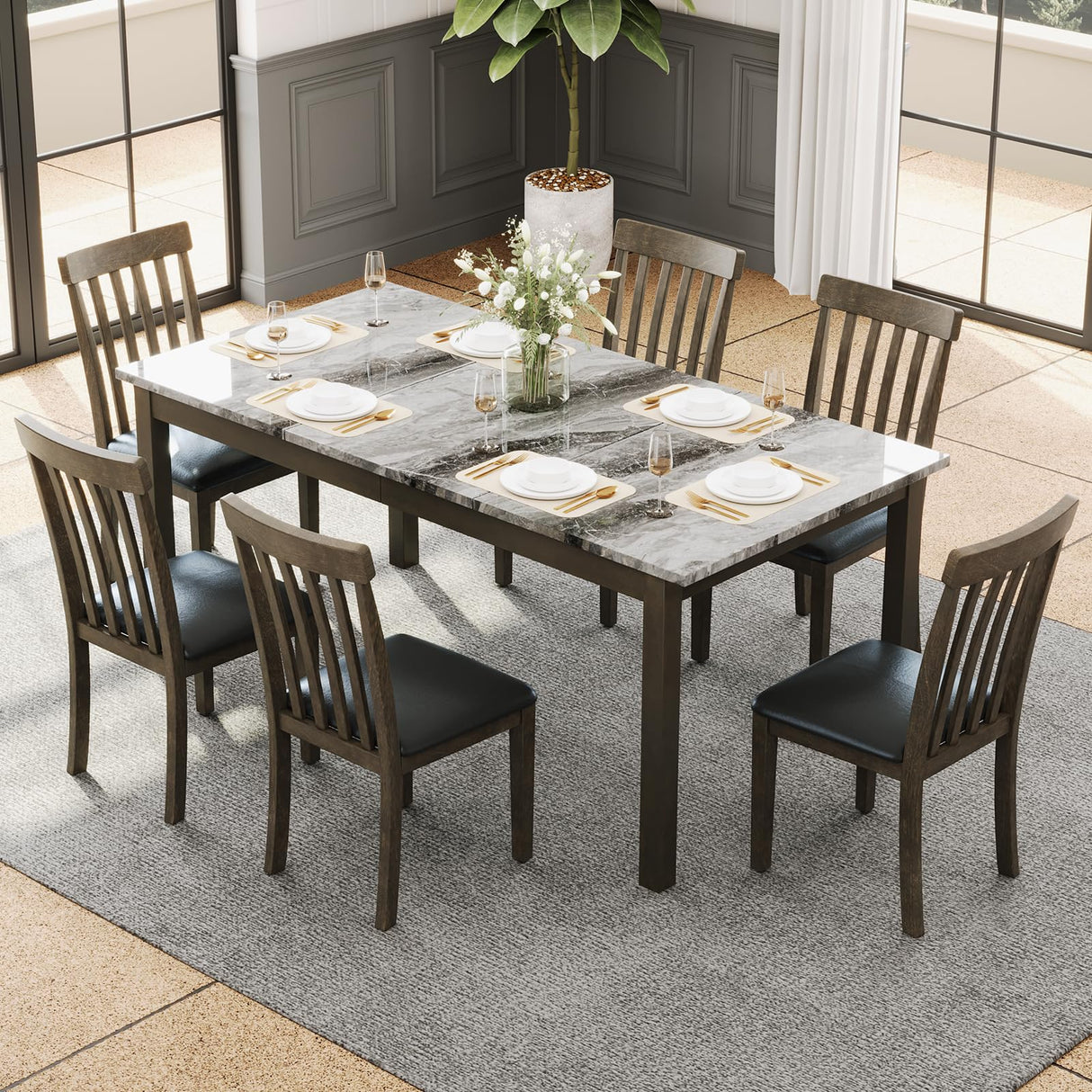 7-Piece Dining Table Set for 6, Faux Marble Modern Dining Table Set with 6 Upholstered