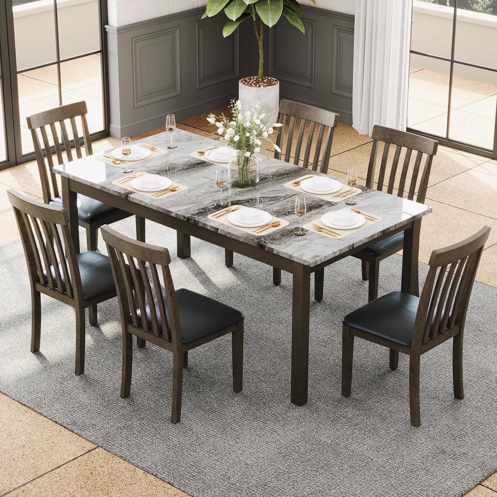 7-Piece Dining Table Set for 6, Faux Marble Modern Dining Table Set with 6 Upholstered