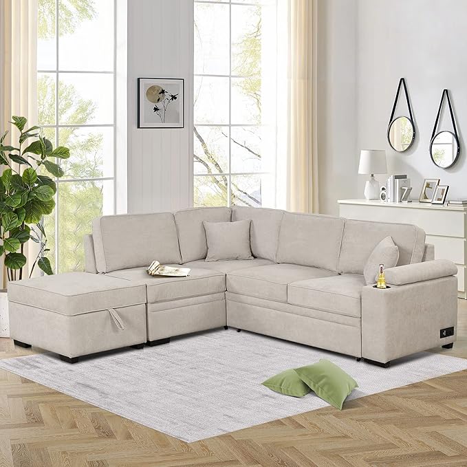 L-Shape Chenille Upholstered Sofa with 5 Pillows, Modern Luxury Sofa