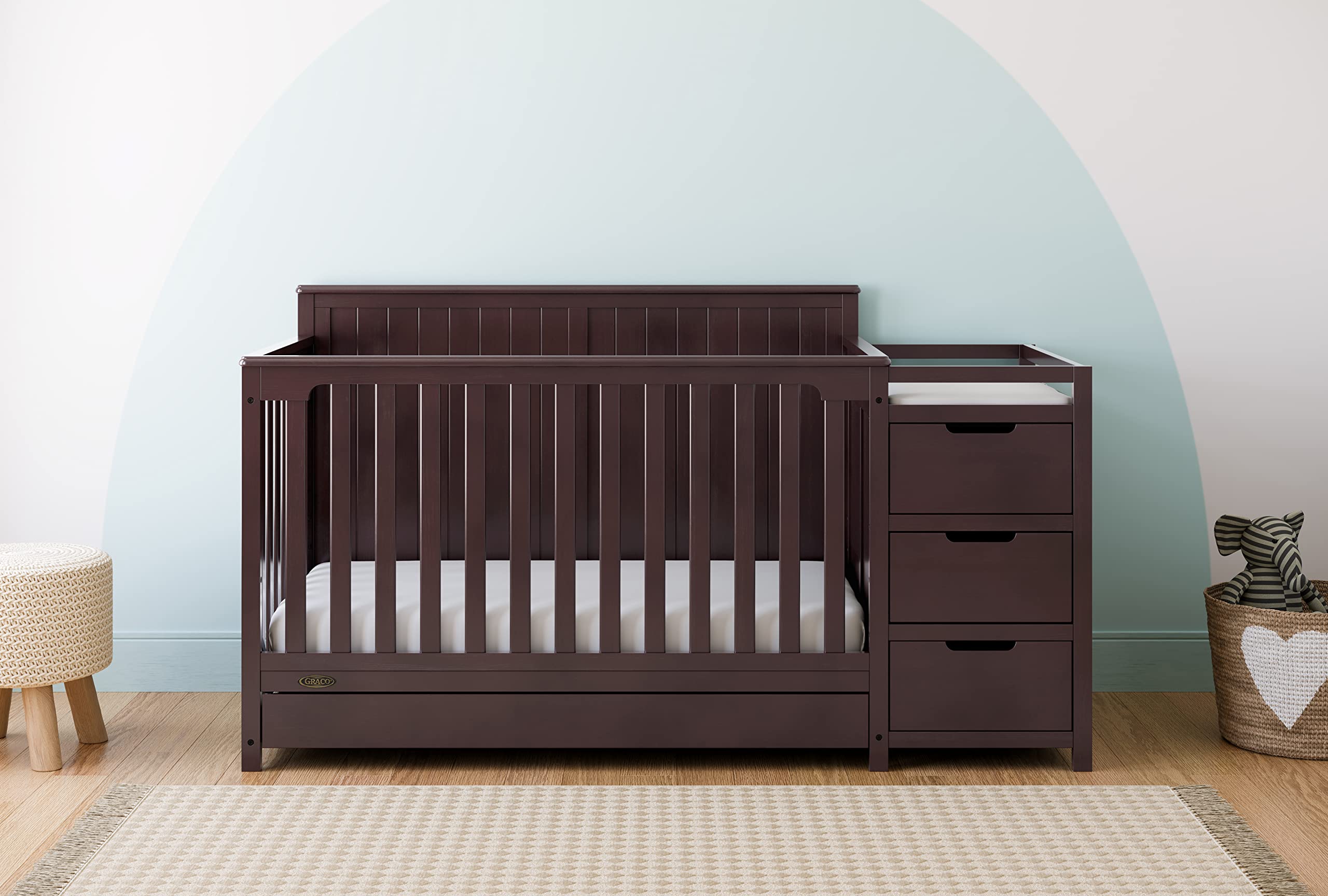 Graco Hadley 5-in-1 Convertible Crib and Changer with Drawer (Espresso) – GREENGUARD Gold Certified, Crib and Changing -Table Combo with Drawer, Includes Baby Changing Pad, Converts to Full-Size Bed