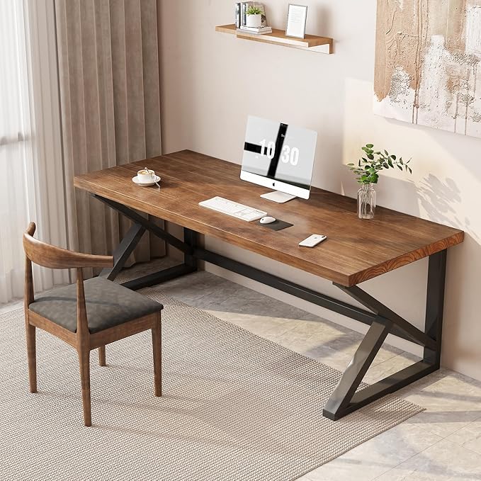 Solid Wood Computer Desk,Rustic Style 55-inch Large Office Desk- Modern Gaming