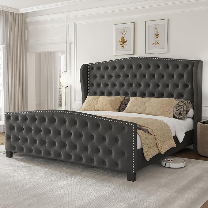 King Bed Frame Upholstered Platform Bed with Wingback Headboard