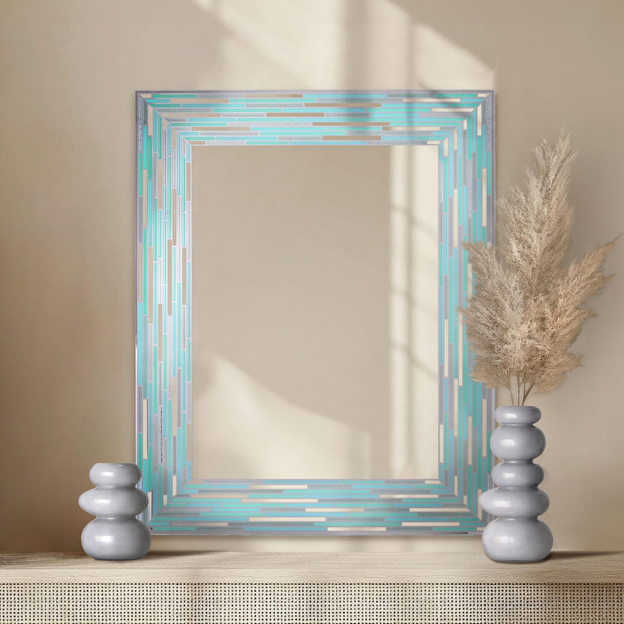 24"x30" Reeded Tiled Sea Glass Aqua Blue Vanity Mirror for Bathroom Wall