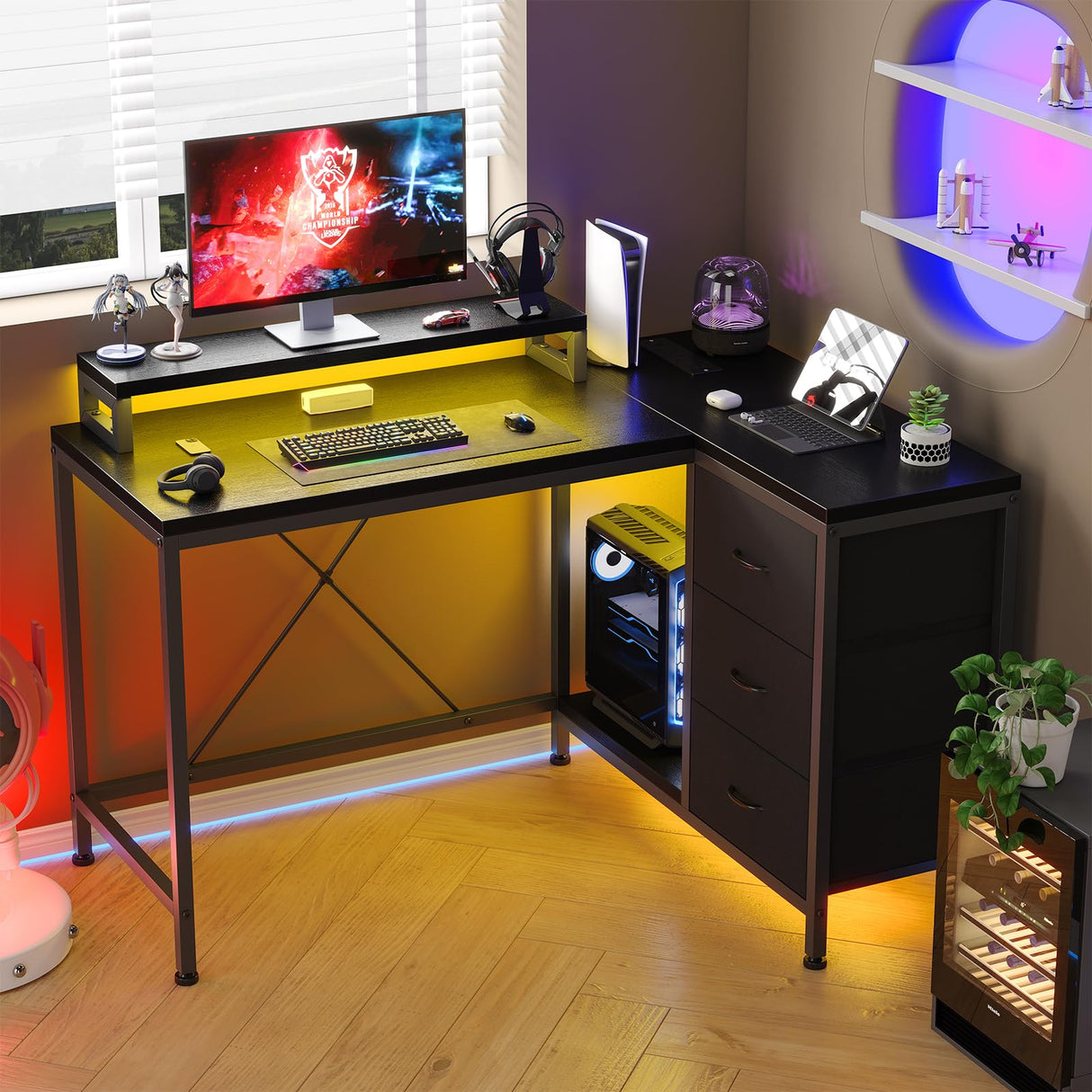 Shaped Desk with Power Outlets & LED Lights, Computer Desk with Drawers & Shelves,