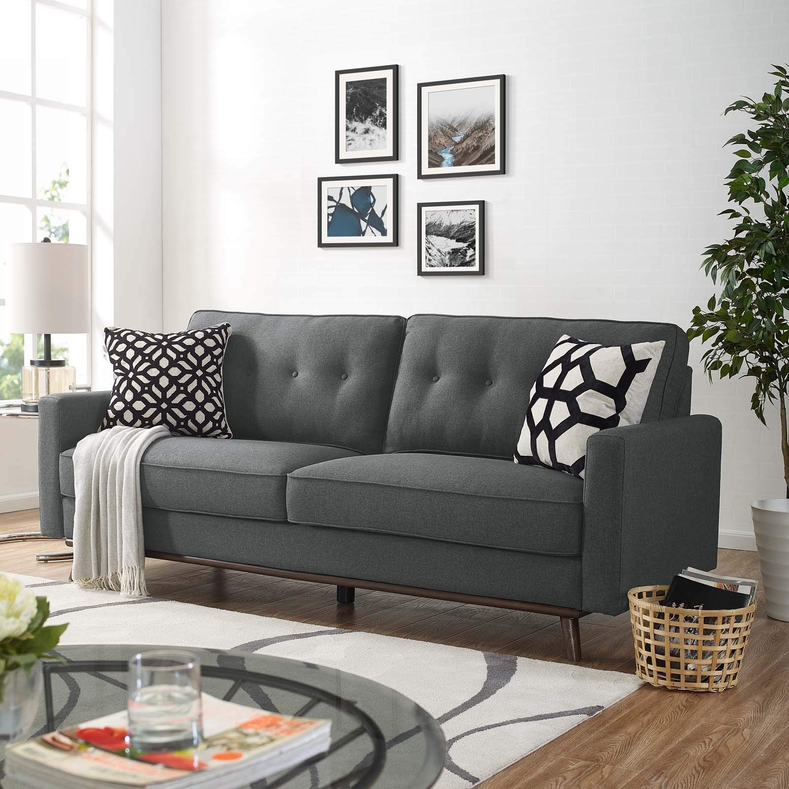 Prompt Mid-Century Modern Fabric Upholstered Tufted Sofa In Gray