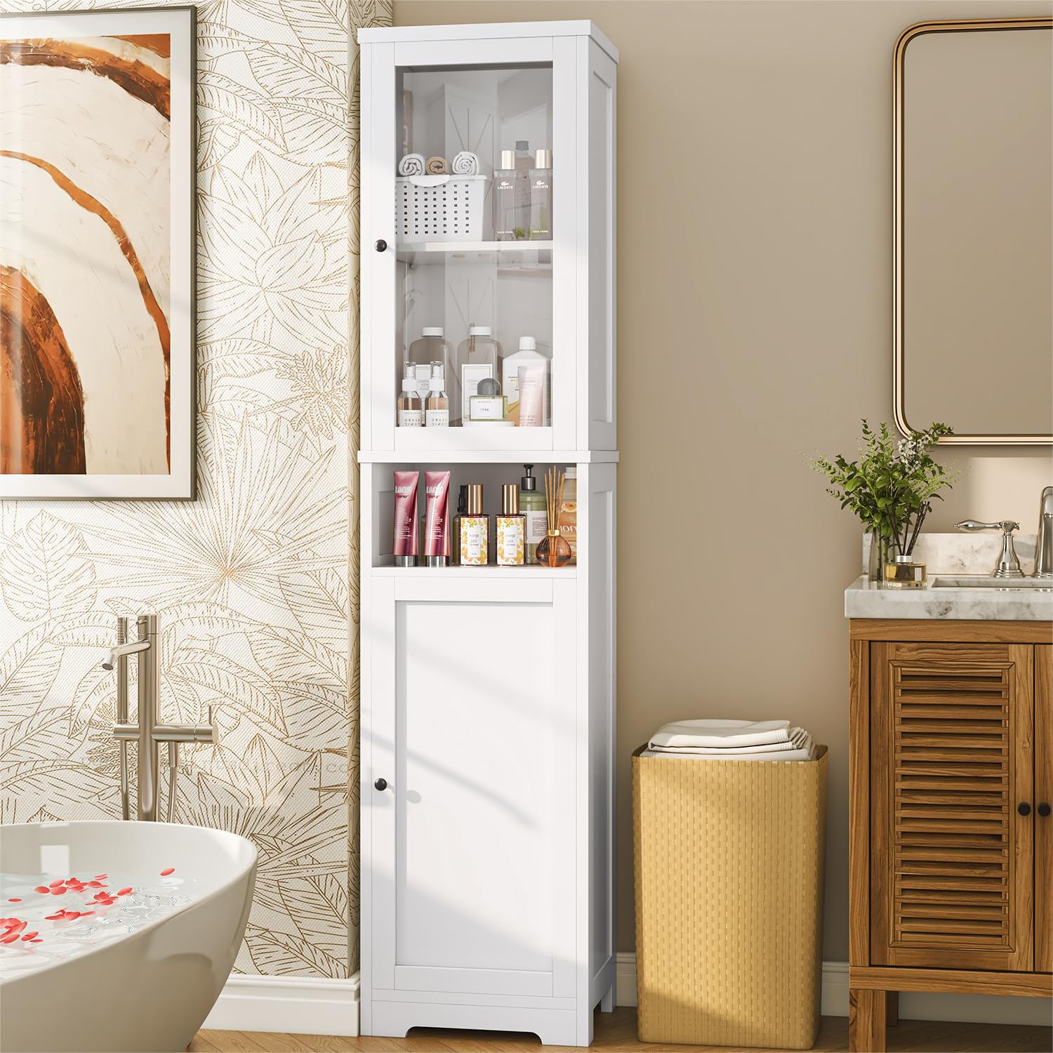 Bathroom Storage Cabinet with Acrylic Door, 67 Inches Tall Narrow Bathroom Storage
