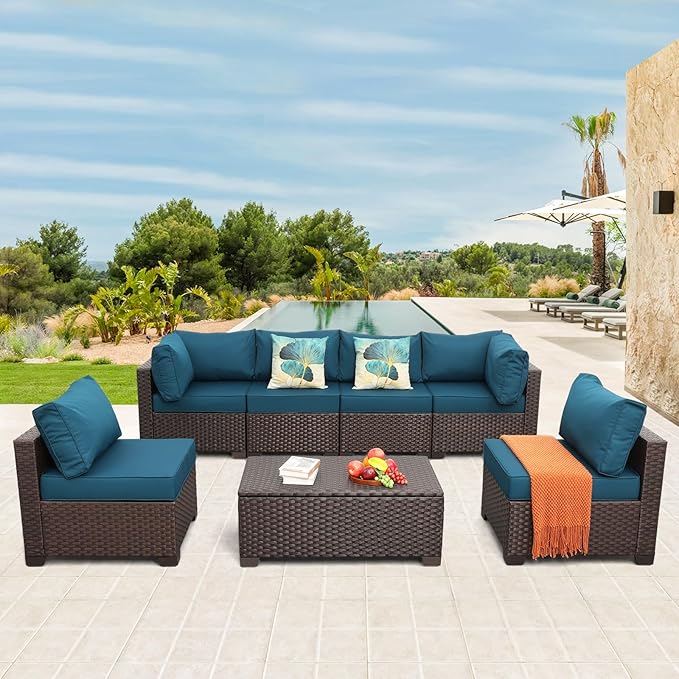 7 Pcs Outdoor Sectional Patio Couch 60000 BTU Wicker Propane Fire Pit Table Outdoor