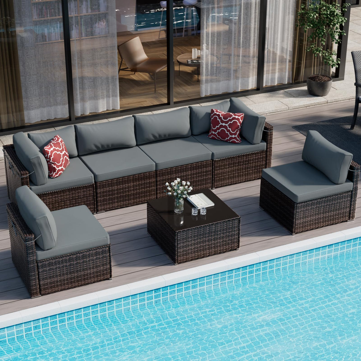 7-Piece Patio Furniture Set, Brown PE Rattan Sectional Sofa with Water-Resistant Gray Cushions