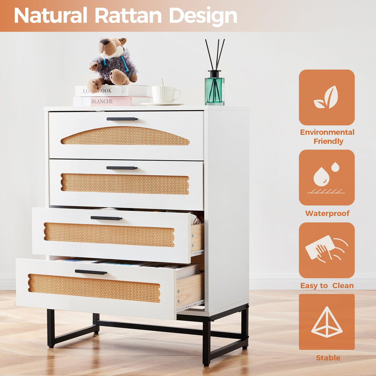 Mericonia 4/5 Drawer Rattan Dresser for Bedroom, Wooden Chest of Dressers, Modern Dresser Chest with Golden Handles for Bedroom,Living Room, Hallway and Entryway