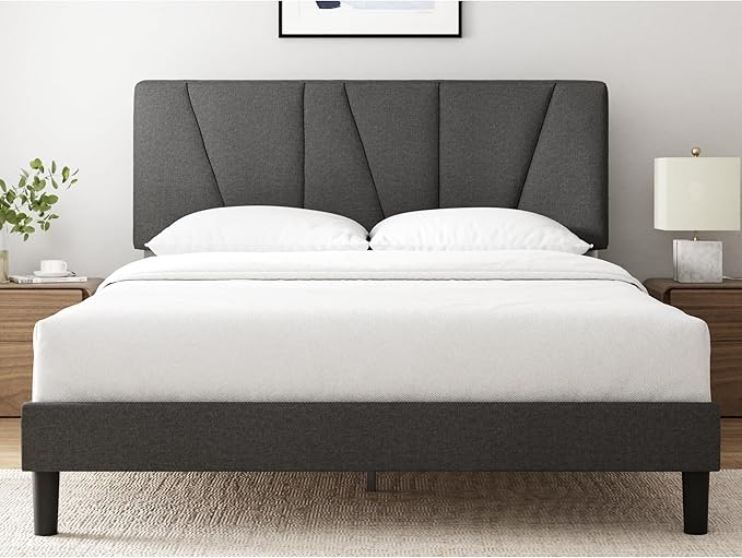 ZBed Frame with Asymmetric Headboard, Durable Wooden Slats, Sturdy Framework, Noise Free Sleep, No Box Spring Needed, Easy Assembly, Eco Friendly Packaging, Dark Grey