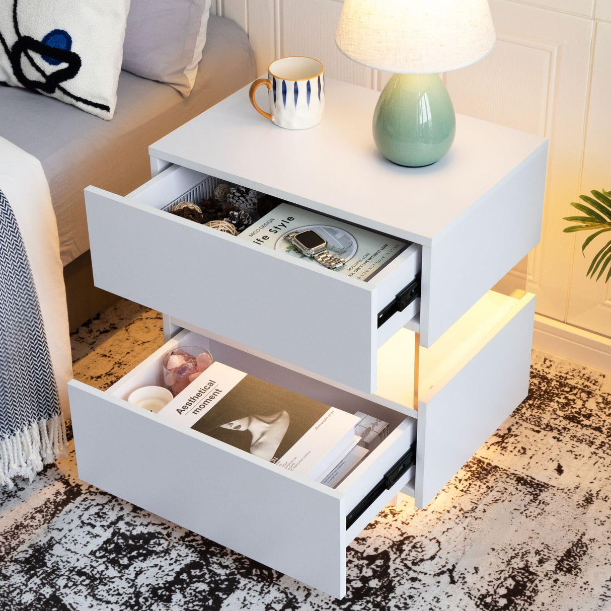 White Night Stand LED Nightstand with 2 Drawers Modern Bedside Tables for Bedroom