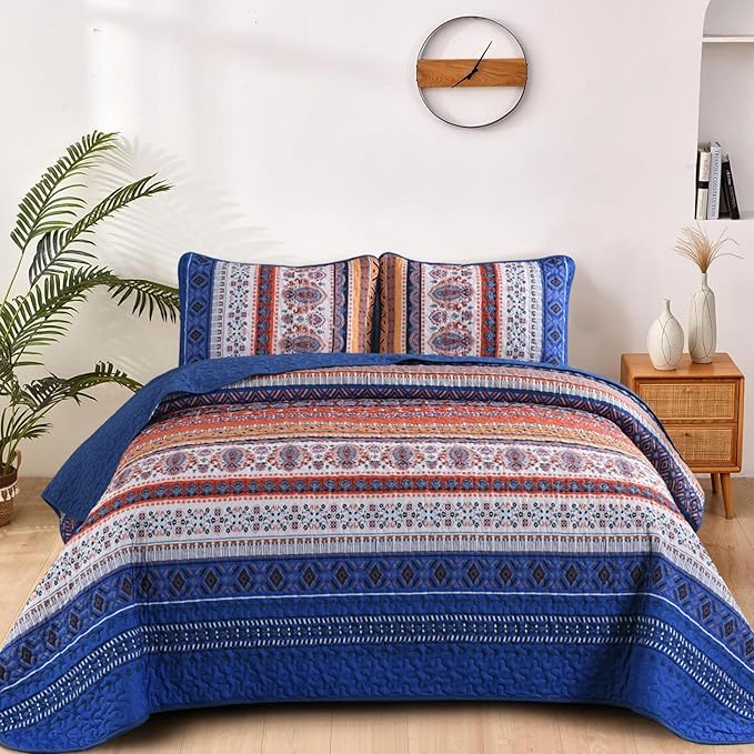 Boho Quilt Set Queen Size,3 Piece Mint Green Bohemian Striped Bedspread Coverlet Set