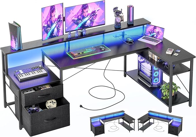 Computer Desk L Shaped with Drawers, 65” Gaming Desk with Power Outlets and LED Strips