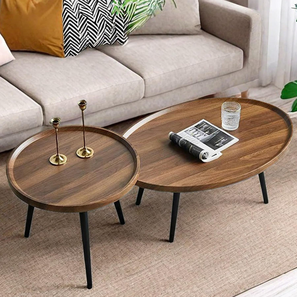 Nesting Coffee Table, Walnut Wood Side Table, Unique MCM Mid Century Small End Table