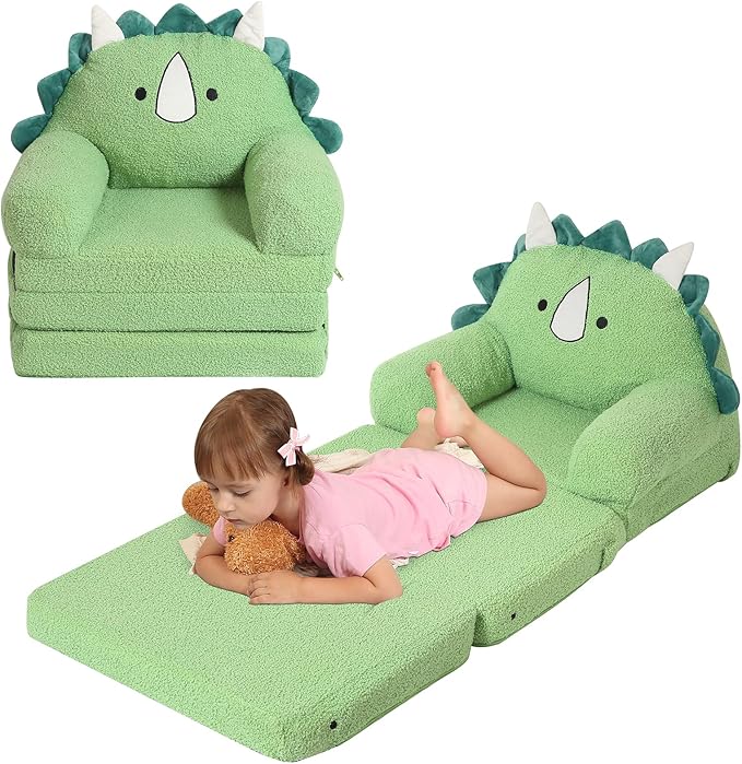 Foldable Kids Sofa, Sherpa Pink Teddy Bear Toddler Couch with Tri Folding Foam Cushions
