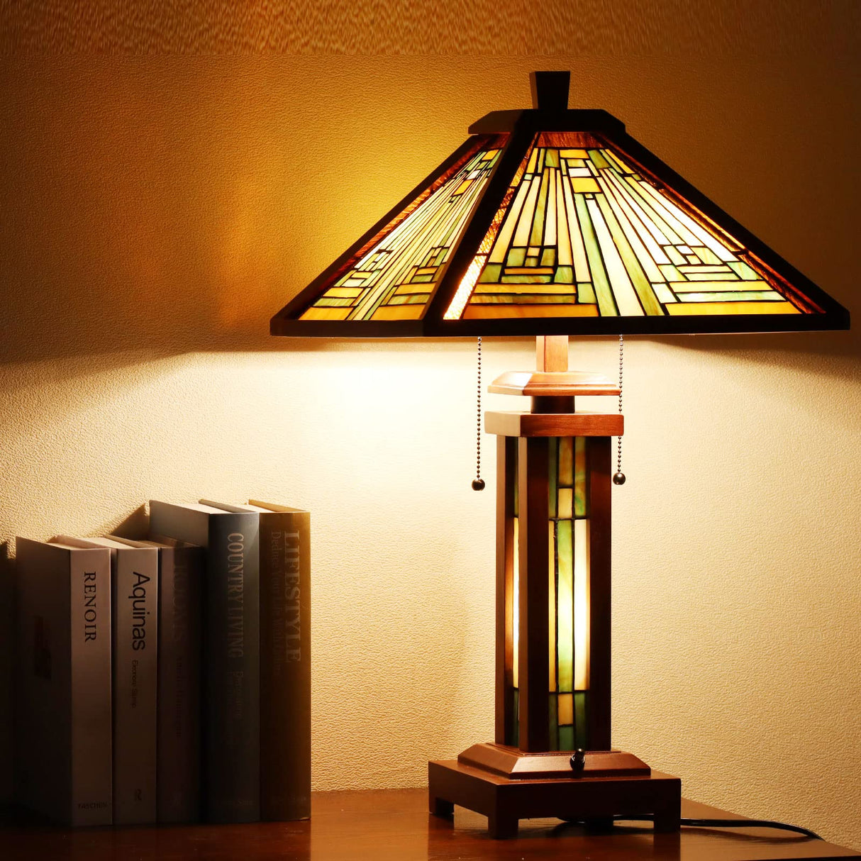 Capulina Tiffany Lamp Stained Glass Table Lamp 3-Light 15X15X26 Inches Amber Brown Wooden Base Tiffany Style Desk Lamp with Night Light Decor for Living Room Bedroom Home Office