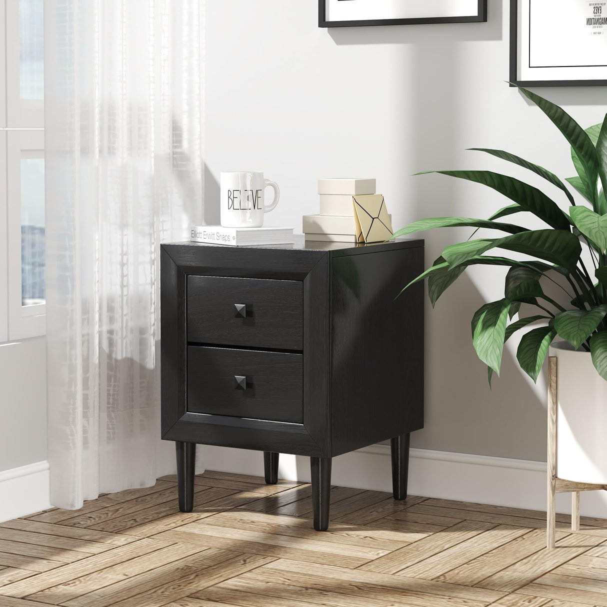 Table Compact Nightstand with Storage Drawers Black Single