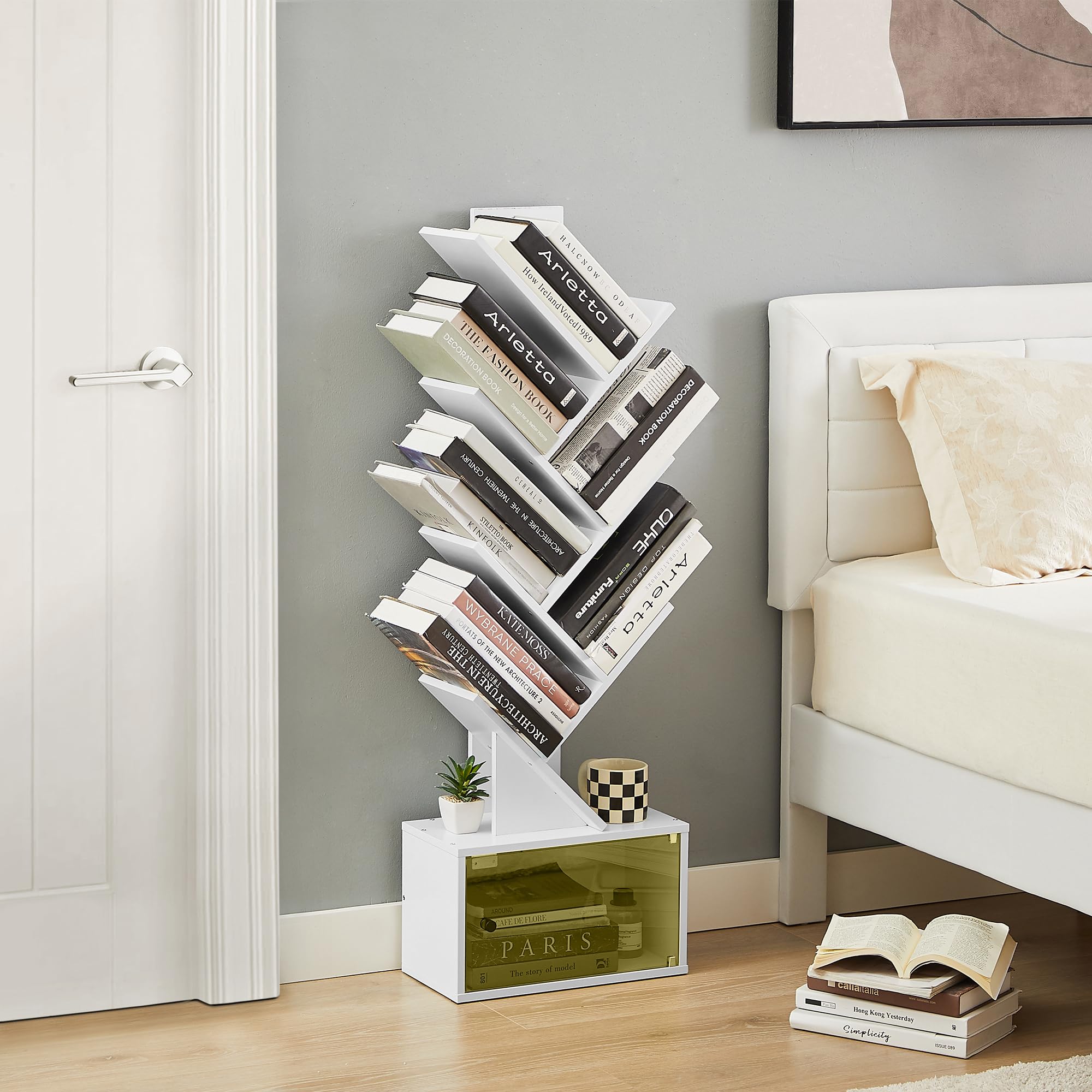 7-Tier Tree Bookshelf with Drawer, Wooden Tree-Shaped Book Display Shelves for CDs/Magazines/Books, FreeStanding Geometric Bookcase Organizers for Home Office, Ivory White