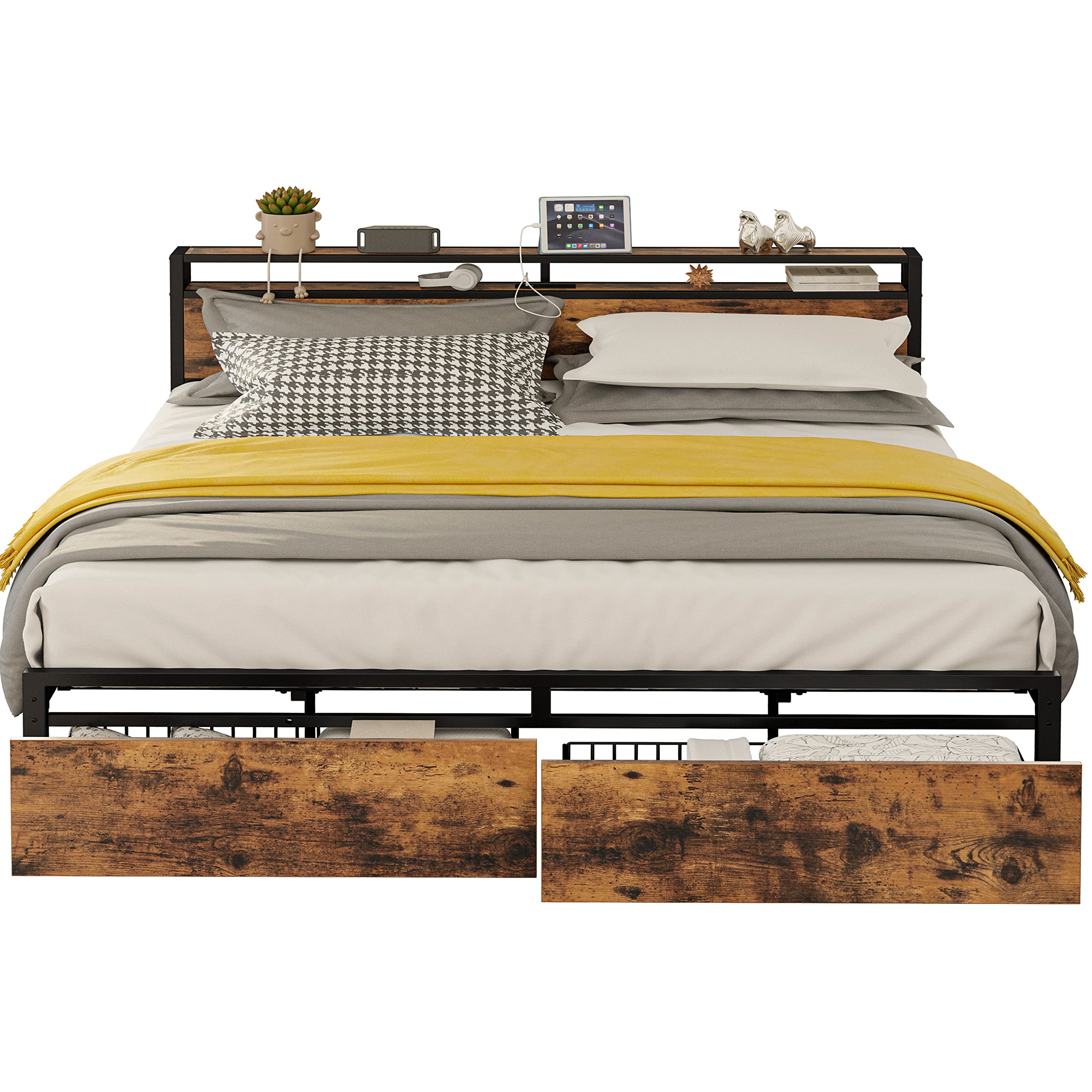 King Bed Frame with Storage Headboard, Platform Bed with Drawers and Charging Station,