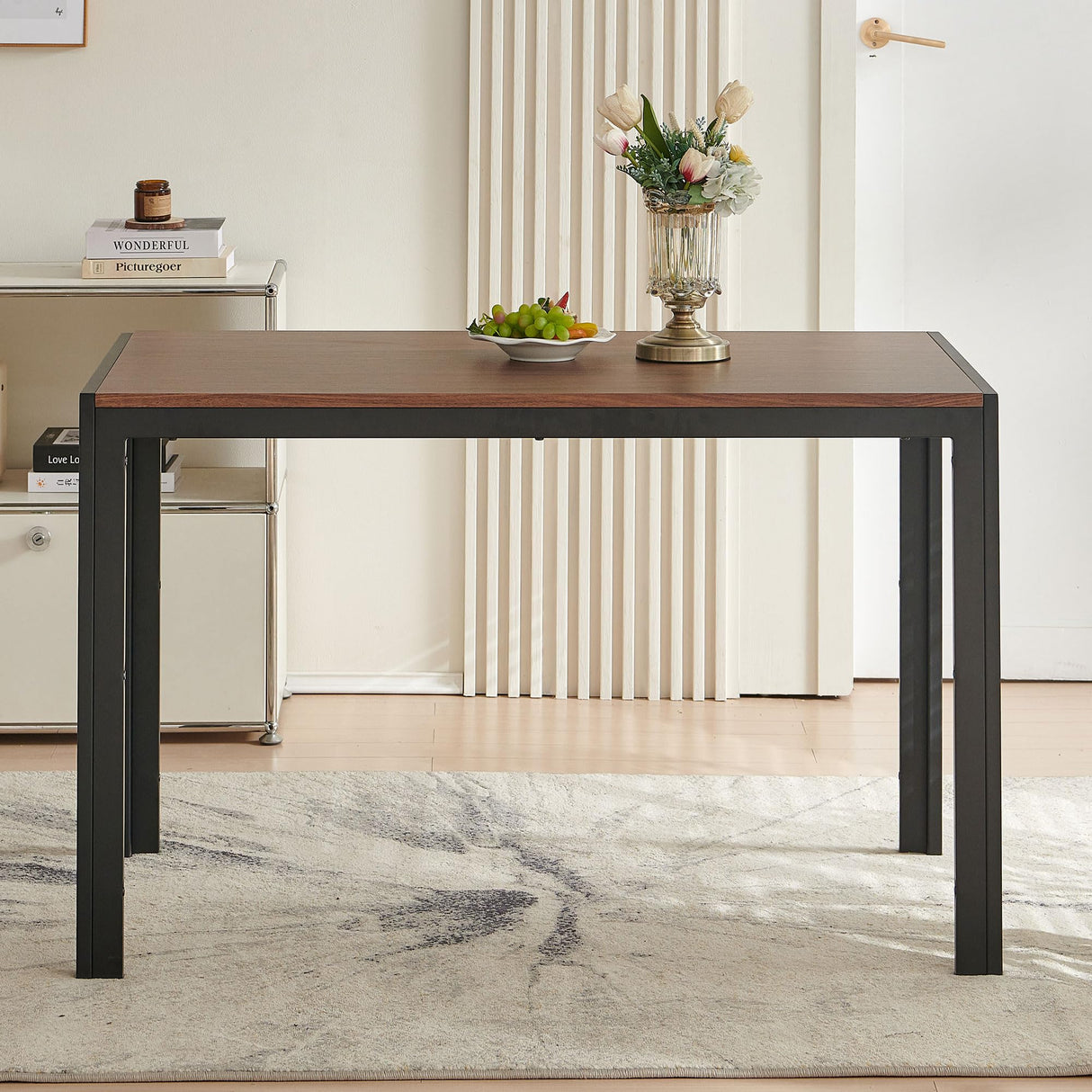 47" Dining Table, 4-Person Indoor Walnut Wood Grain Effect Table with Metal Legs