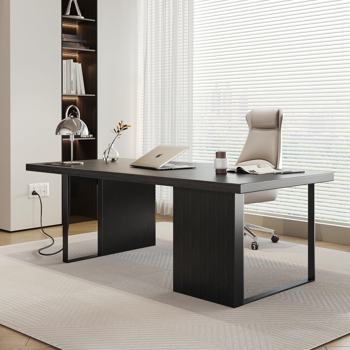 Executive Desk, Large Computer Office Writing Desk with Thickened Desktop, Fingerprint