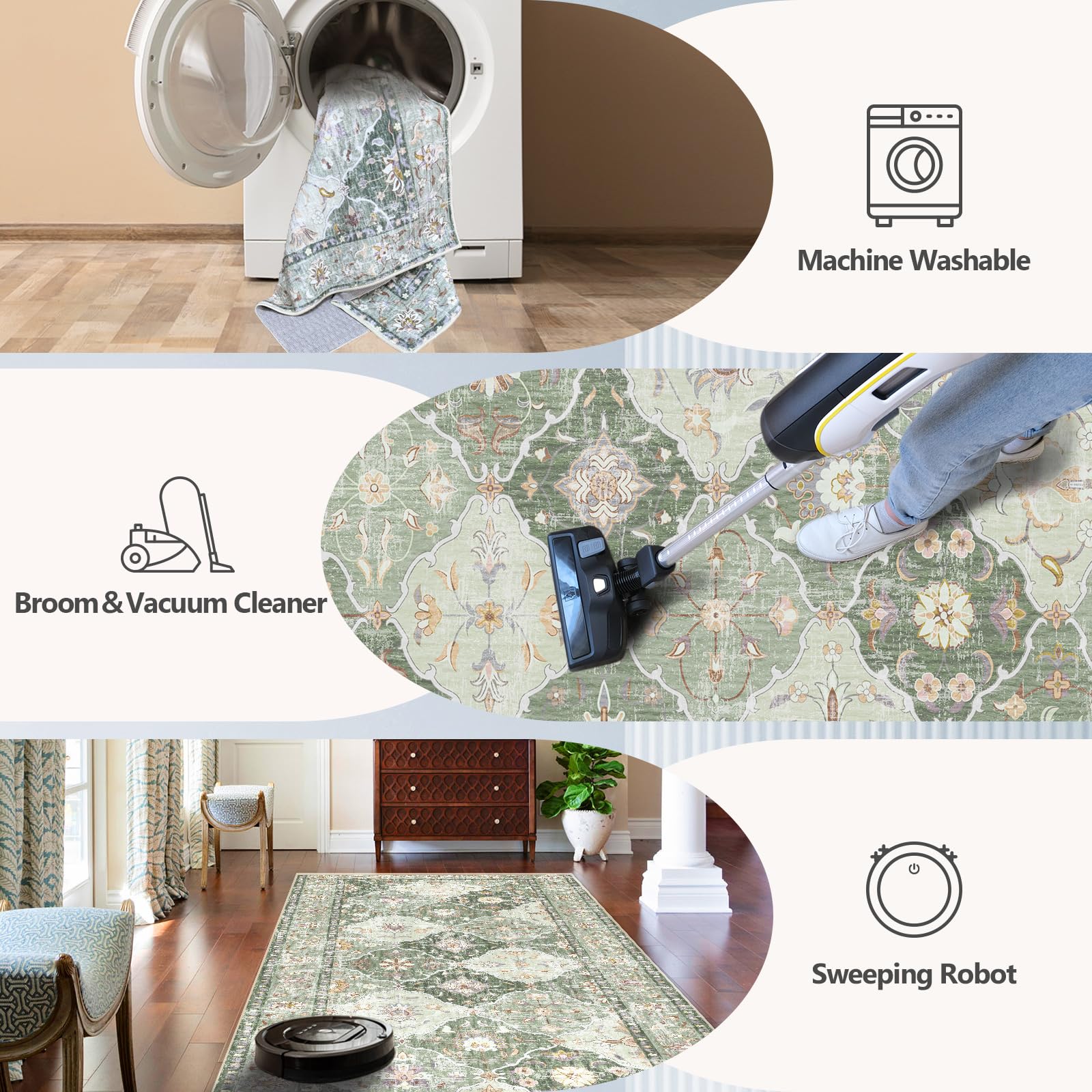 Boho Vintage Area Rugs 5×7 Washable Non-Slip Traditional Green Carpet for Living Room Bedroom Dining Room Farmhouse