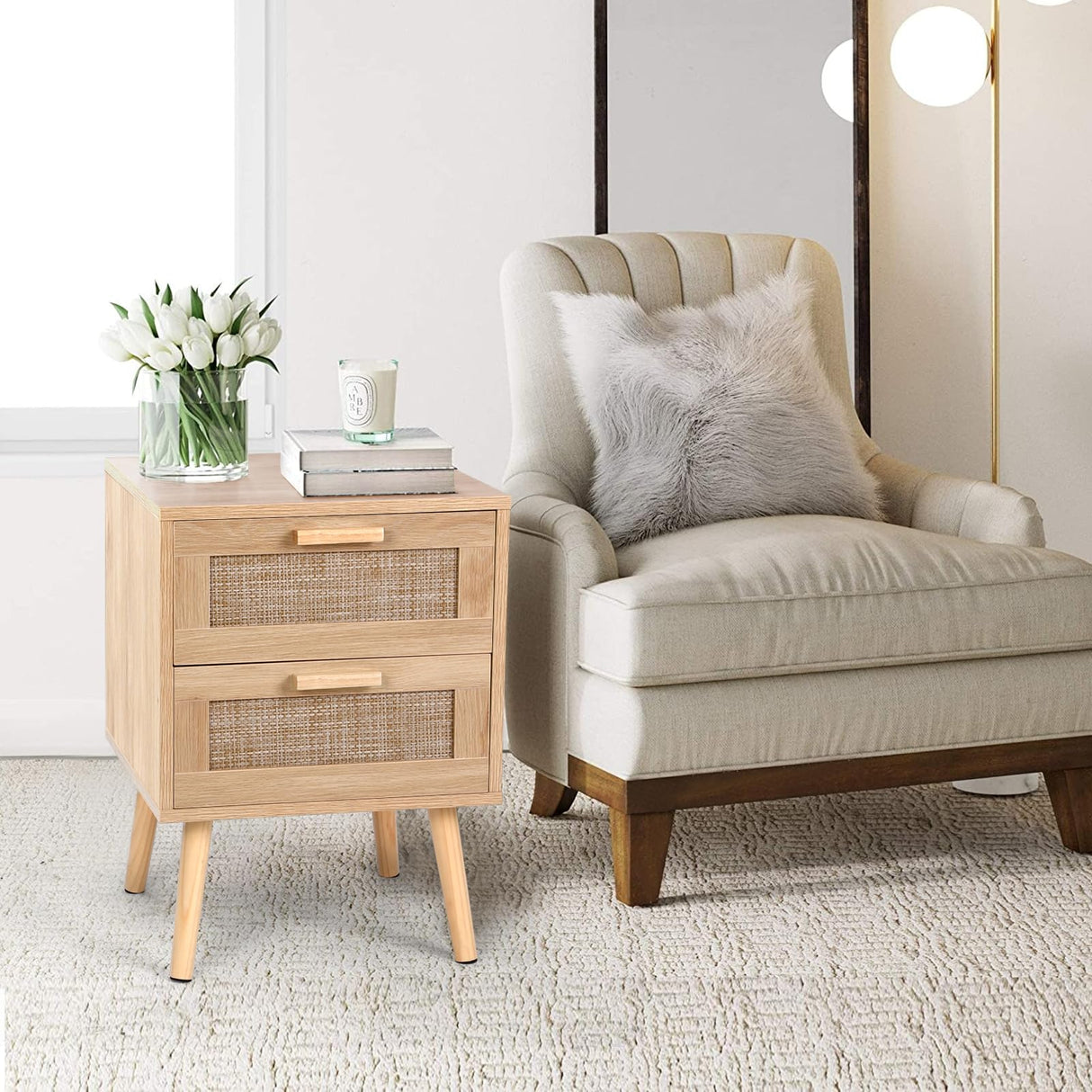 2PCS Rattan Nightstand, End Table with 2 Drawers and Solid Wood Legs, Side Table