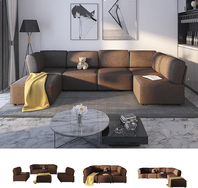 U-Shaped Modular Sectional Sofa with Chaise, Modular Sectional U Shaped Couch with Reversible Ottoman, Linen 6 Seat Convertible Sofa for Living Room