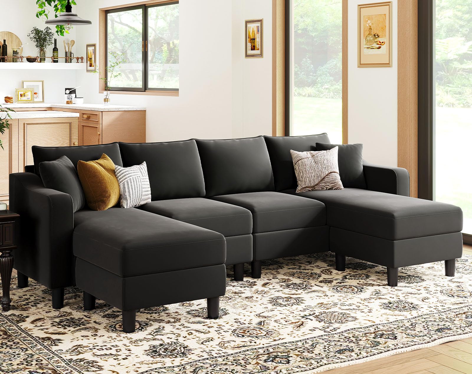 U Shaped Sectional Sofa Velvet Convertible Sofa with Reversible Chaises