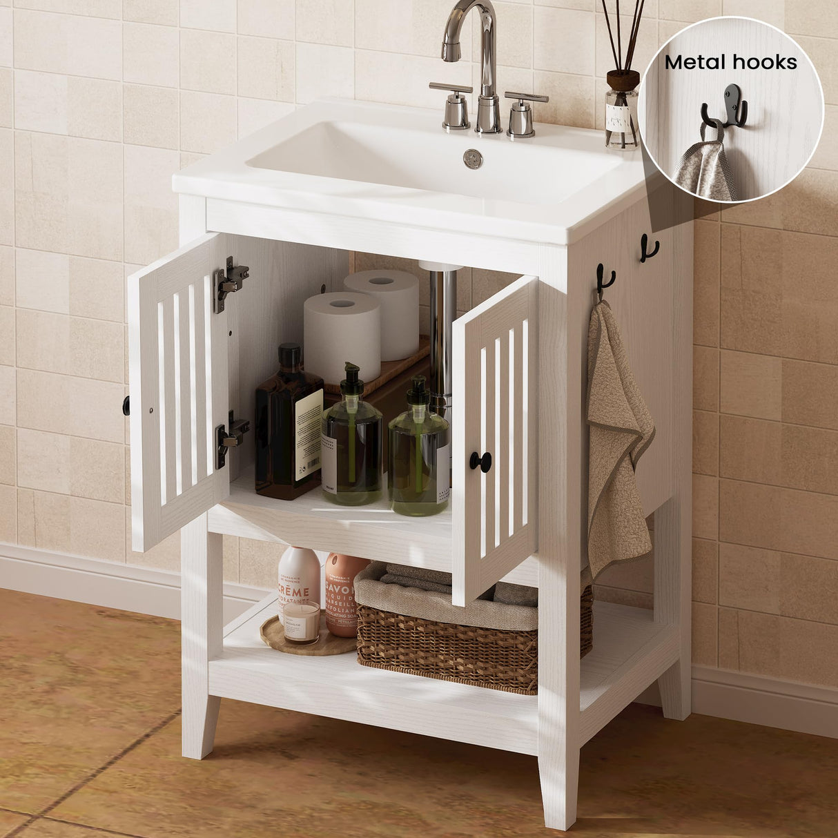 24 Inch Small Bathroom Vanity with Ceramic Sink Compact All-in-One Design & Soft-Close Hinge