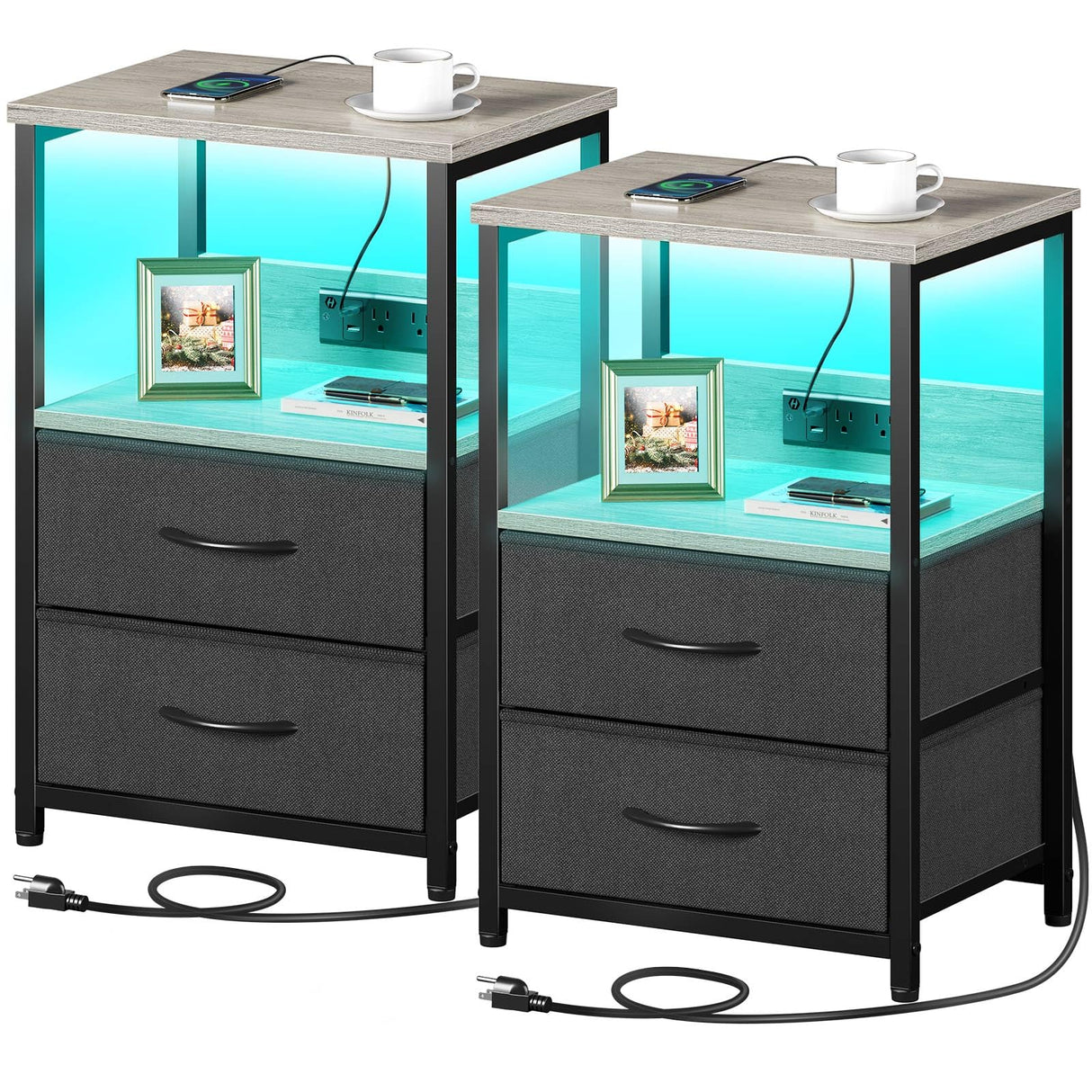 Nightstand Set of 1/2 with Charging Station, Bedside Table with LED Lights