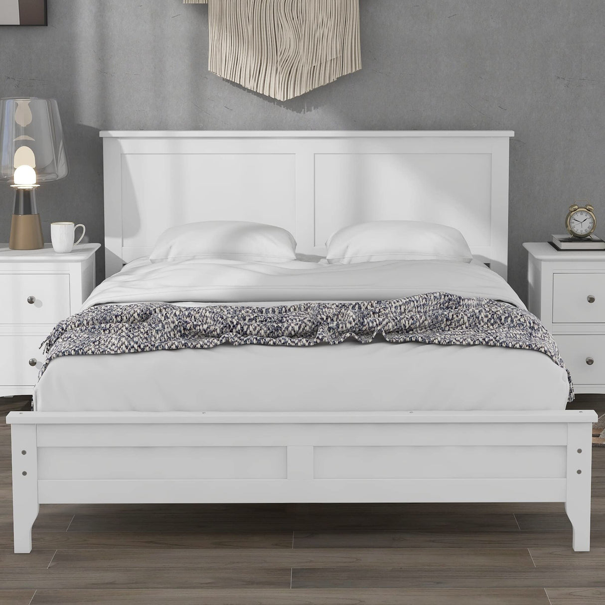 Modern Simple Solid Wood Platform Bed Wood Bed with Headboard White - Queen