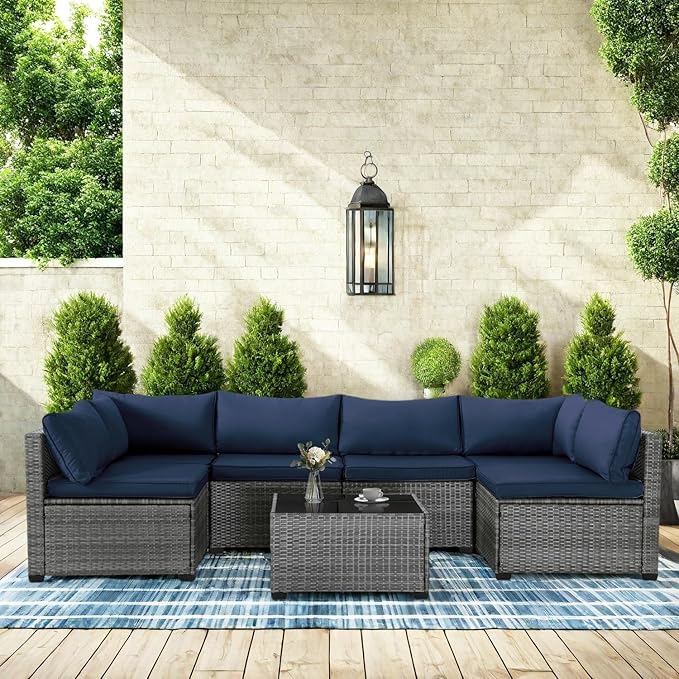 7-Piece Outdoor Patio Sectional Set, Durable Rattan Couch