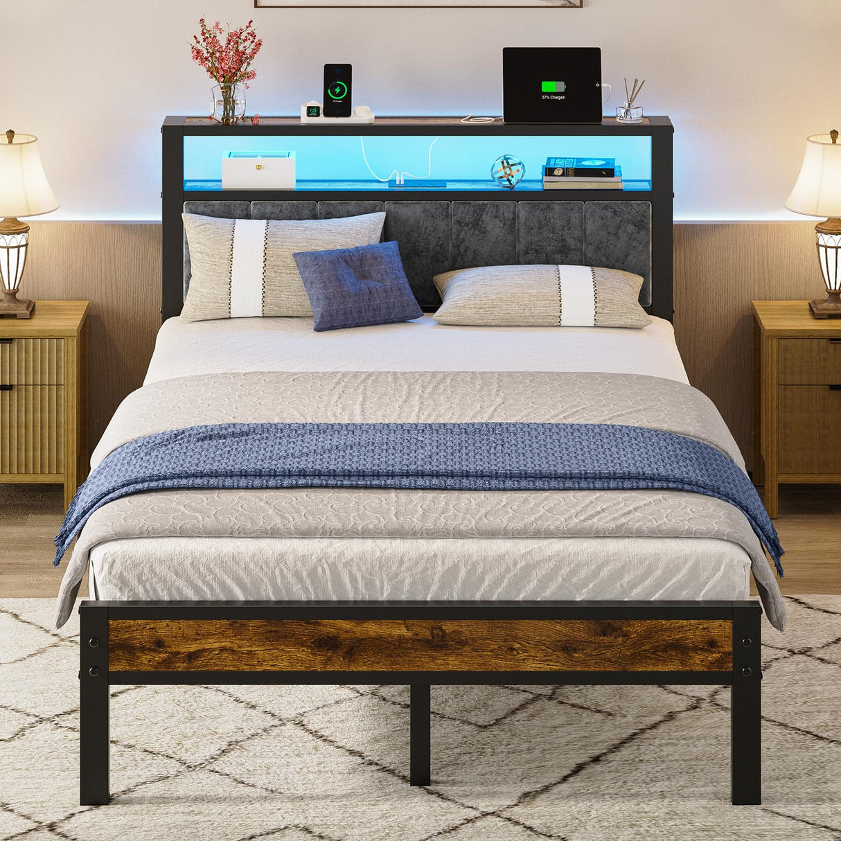 Full Platform Bed with LED Lights & Charging Station