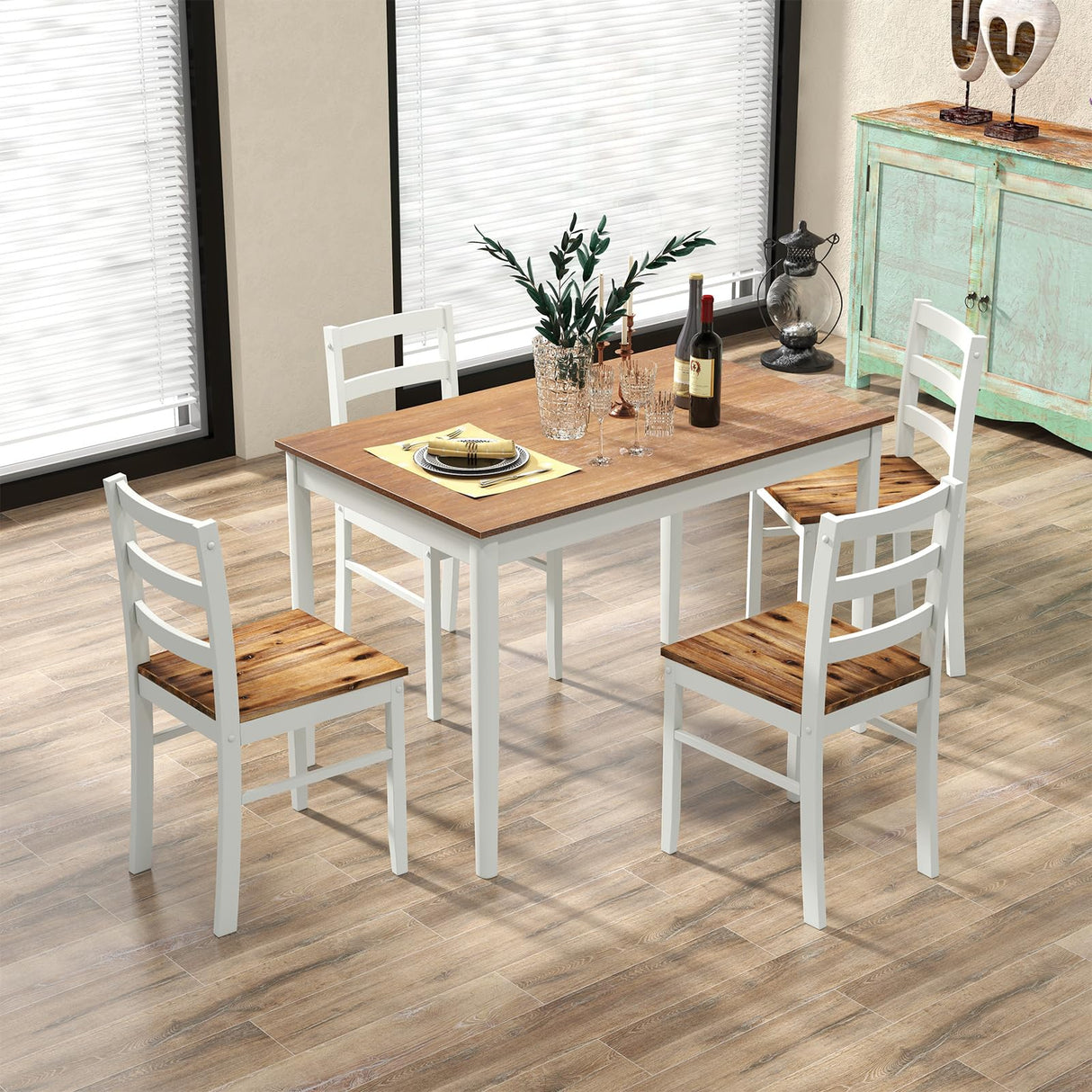 Dining Table Set for 4, Wood Kitchen Table Chairs Set with Rubber Wood Legs, Space