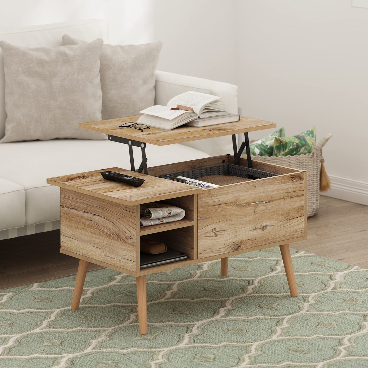 Jensen Living Room Wooden Leg Lift Top Coffee Table