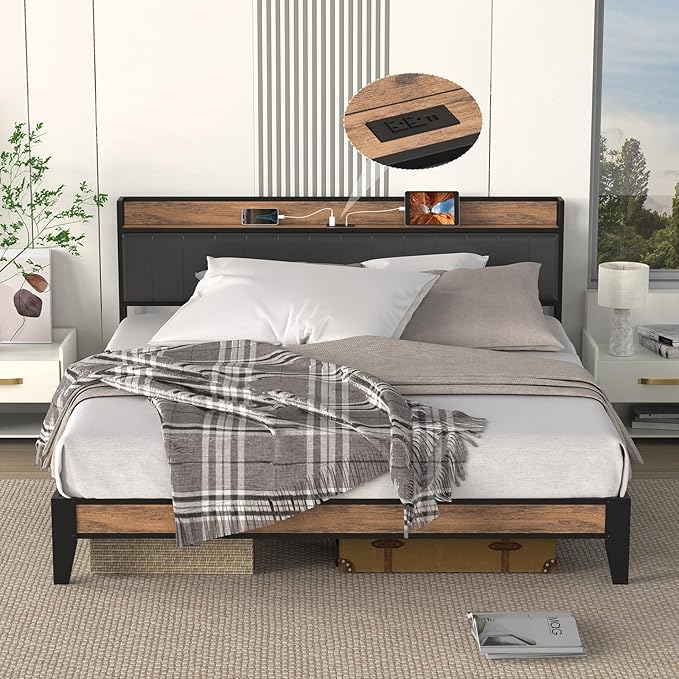 Bed Frame with Storage Headboard, Built-in Charging Station, Easy Assembly, Noise Free,