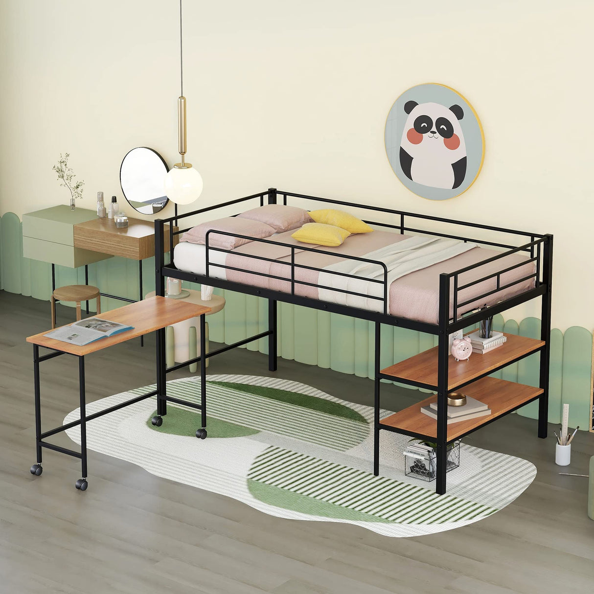 Twin Size Loft Bed with Desk and Storage Shelves,Metal Twin Size Bed with Rolling Portable Desk, Low Loft Bed with Full-Length Guardrail for Kids Boys Girls Teens(Black)