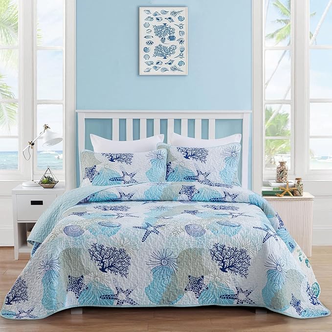 Coastal Quilt Set King Size, Blue Ocean Beach Themed Bedding Set Coral Seashell Conch