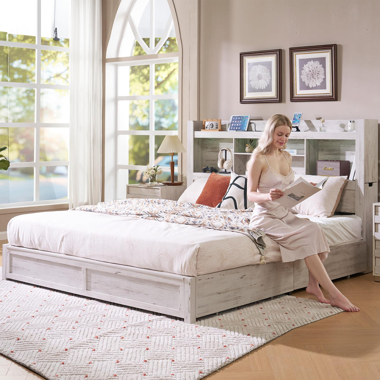 King Bed Frame with 49.6" Bookcase Headboard & 2 Detachable Bedside Stoage Racks