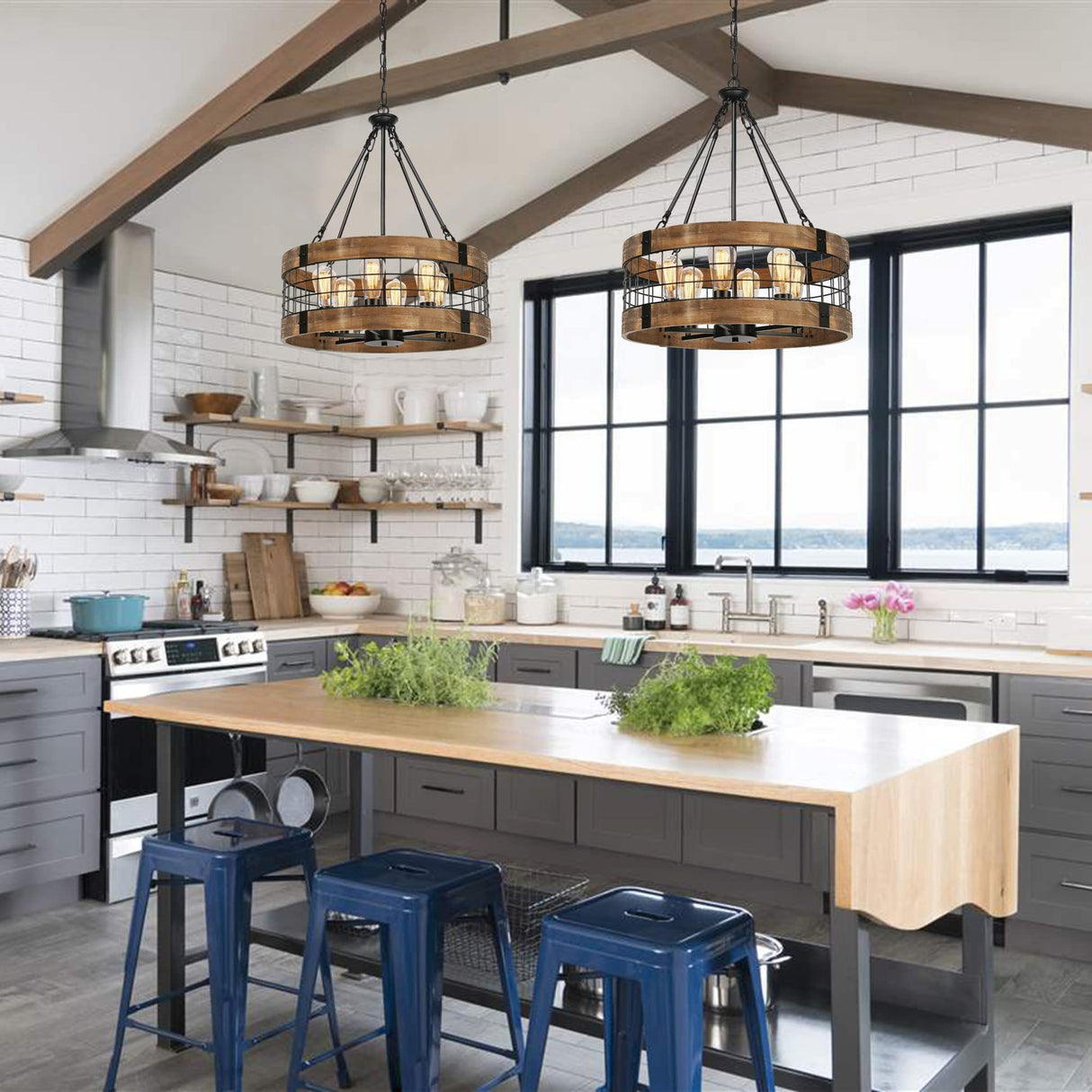 6-Light Farmhouse Wood Chandelier for Dining Room, Rustic Foyer Light Fixtures