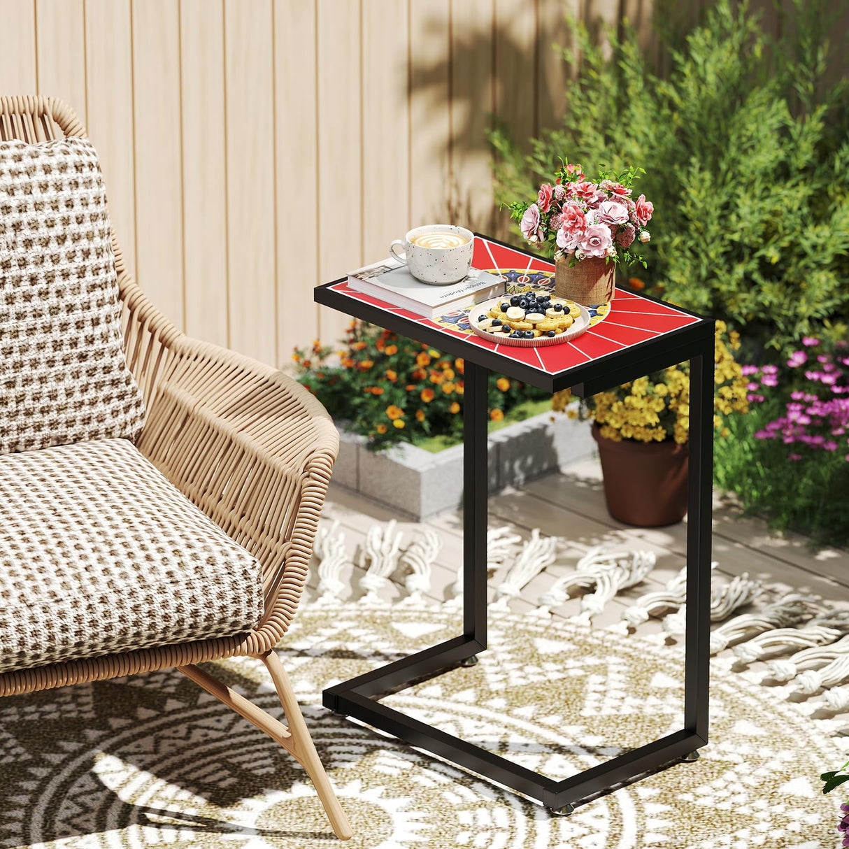 C-Shaped Outdoor Side Table, w/Ceramic Top & Anti-Rust Metal Frame