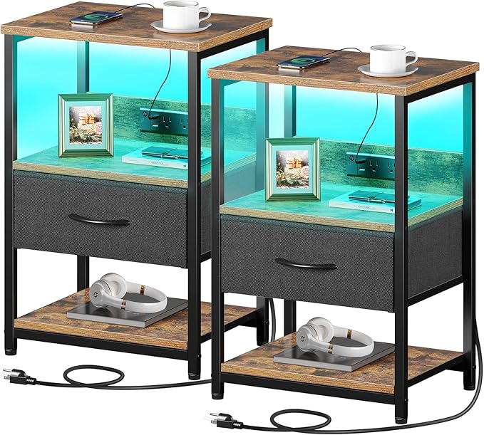 Nightstand with Charging Station, LED Bedside Table with Adjustable Fabric Drawer