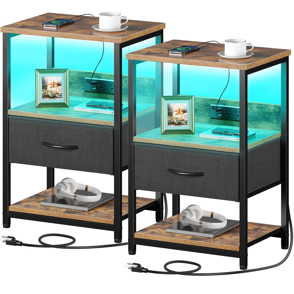 Nightstand Set of 2, LED Bedside Tables with Charging Station and Fabric Drawer, Night